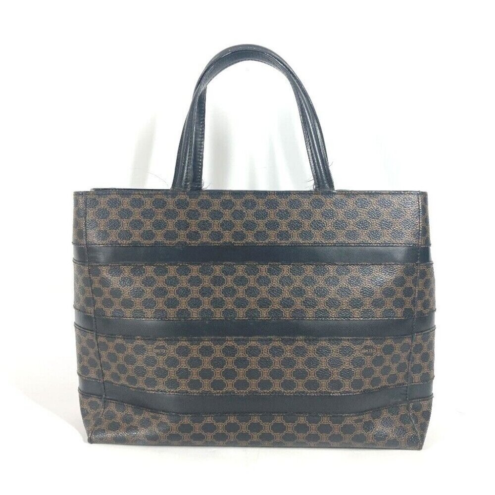 CELINE vintage Macadam Hand Bag Shoulder Bag Tote Bag Leather Black/Brown